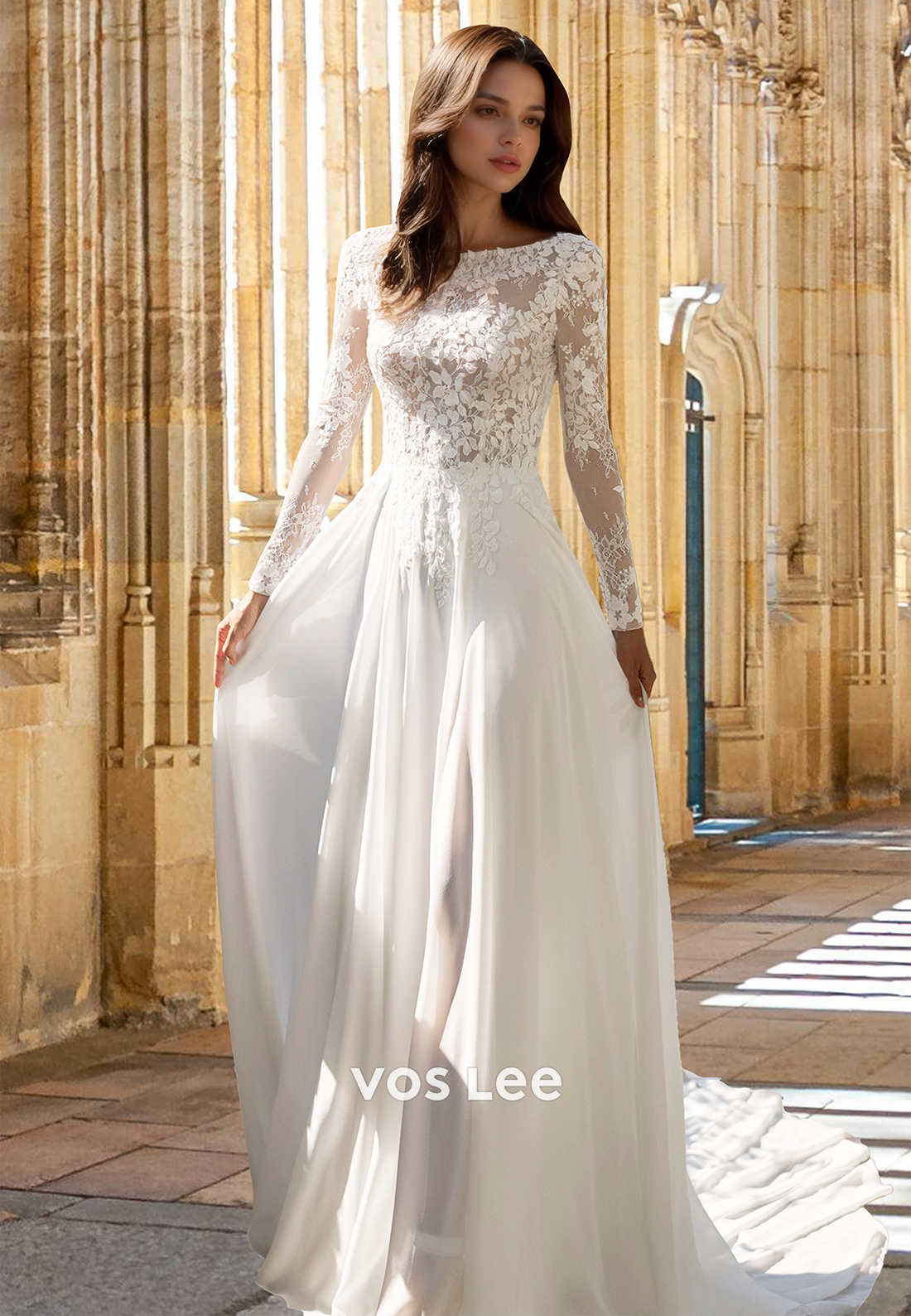 Elegant A-Line Bateau Long Sleeves Backless Lace Appliques Wedding Dress