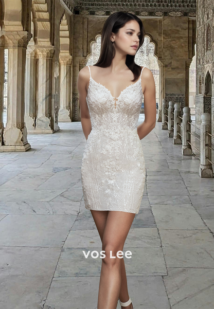 Sparkly Column V Neck Spaghetti Straps Sequined Lace Short/Mini Wedding Dress