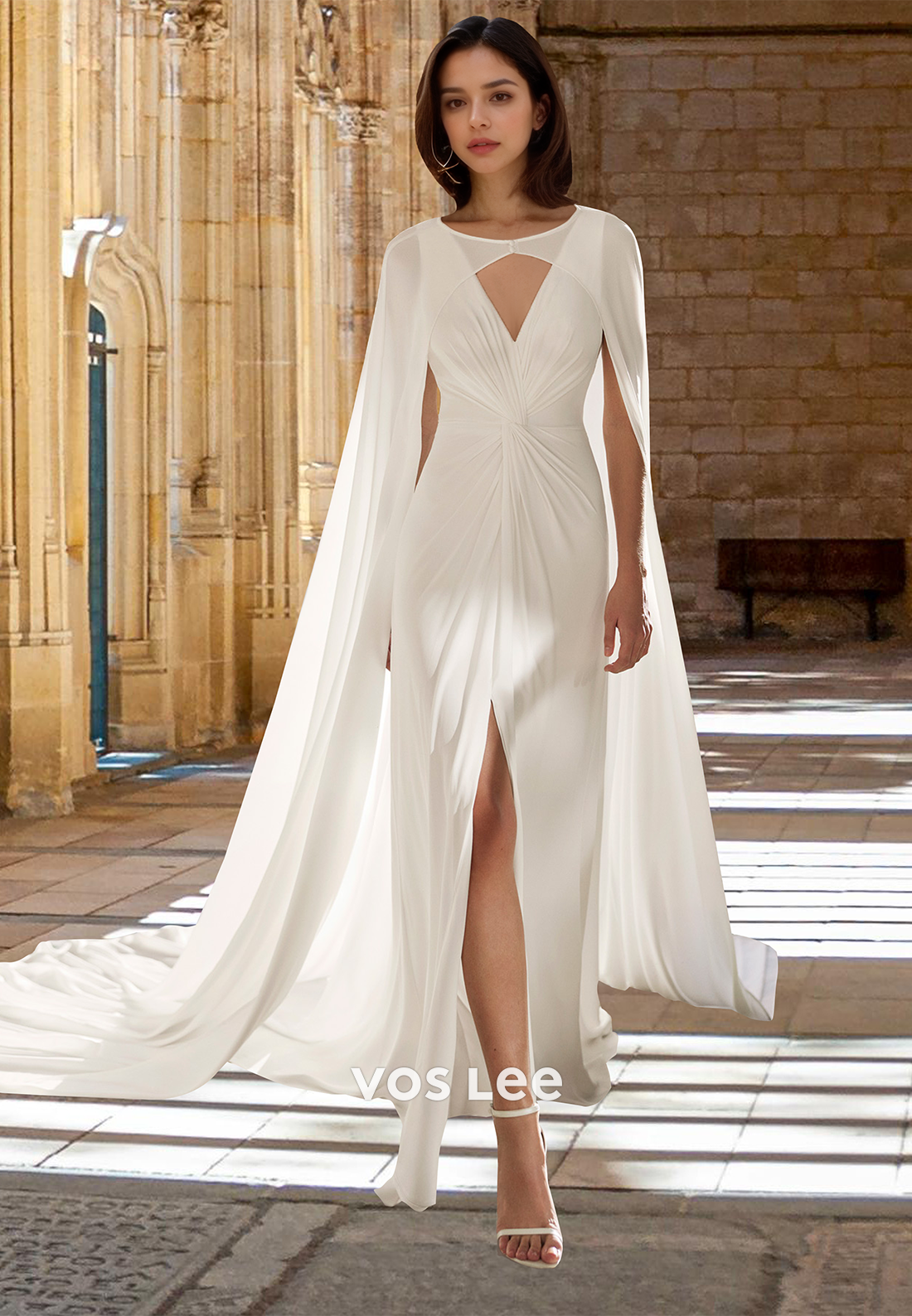 Simple Column Side Split V Neck Backless Draped Satin Court Train Wedding Dress