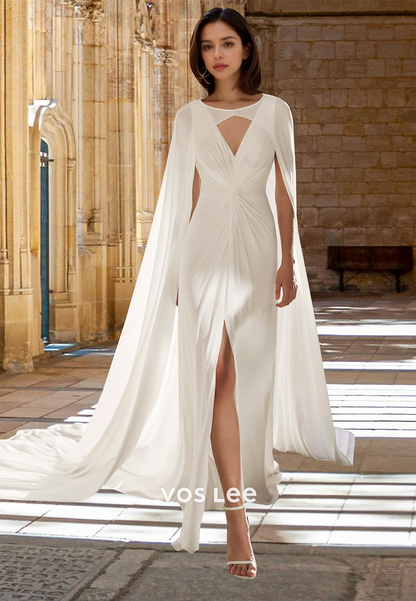 Simple Column Side Split V Neck Backless Draped Satin Court Train Wedding Dress