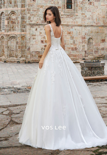 Gorgeous V Neck Lace Up Appliques Sleeveless Pleated Tulle Wedding Dress