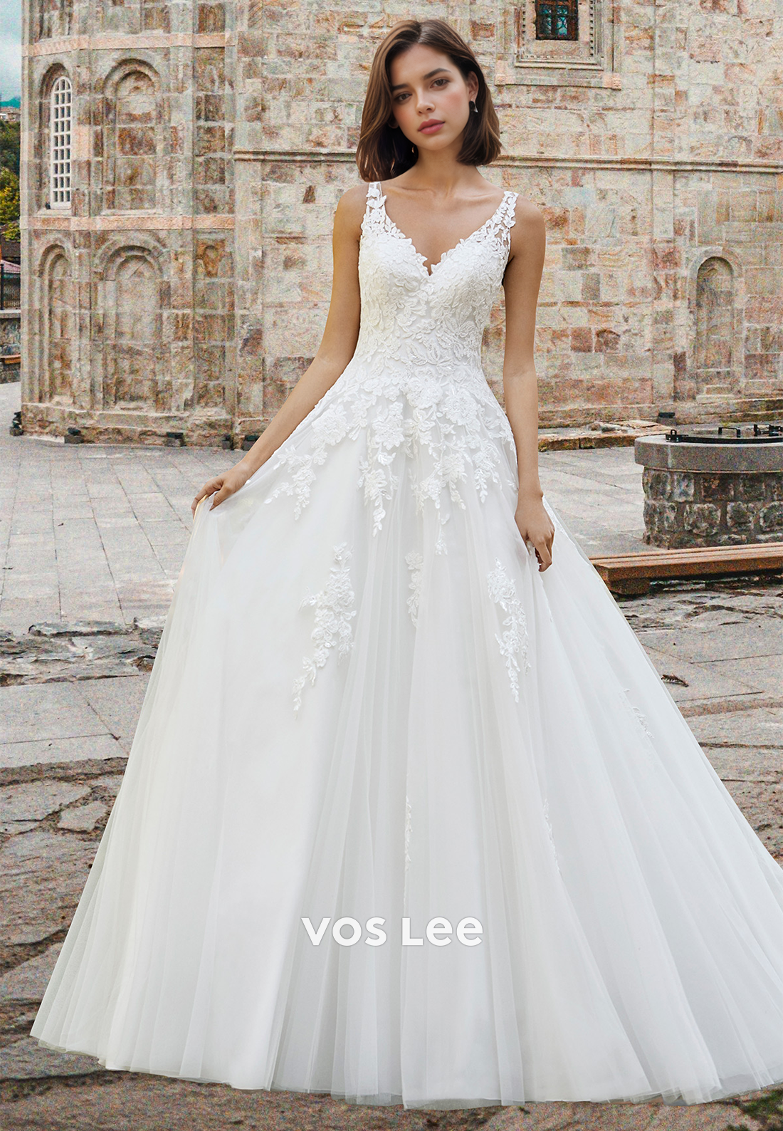 Gorgeous V Neck Lace Up Appliques Sleeveless Pleated Tulle Wedding Dress