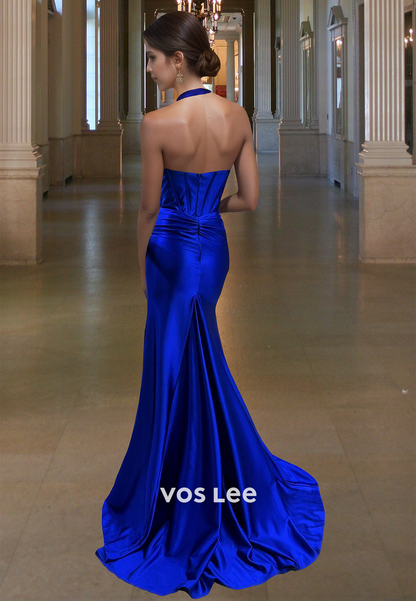 Sexy Column Halter Back Zipper Sleeveless Draped Satin Prom Formal Dress with Split