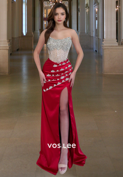 Charming Red Strapless Sheath High Split Beaded Ruched Prom Pageant Dress