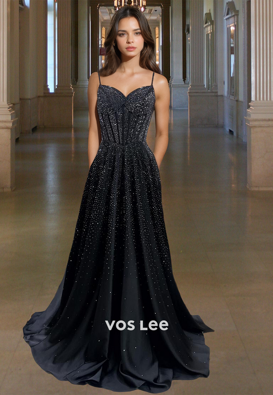 Modest A-Line V Neck Back Zipper Sequins Pleated Satin Prom Evening Dress
