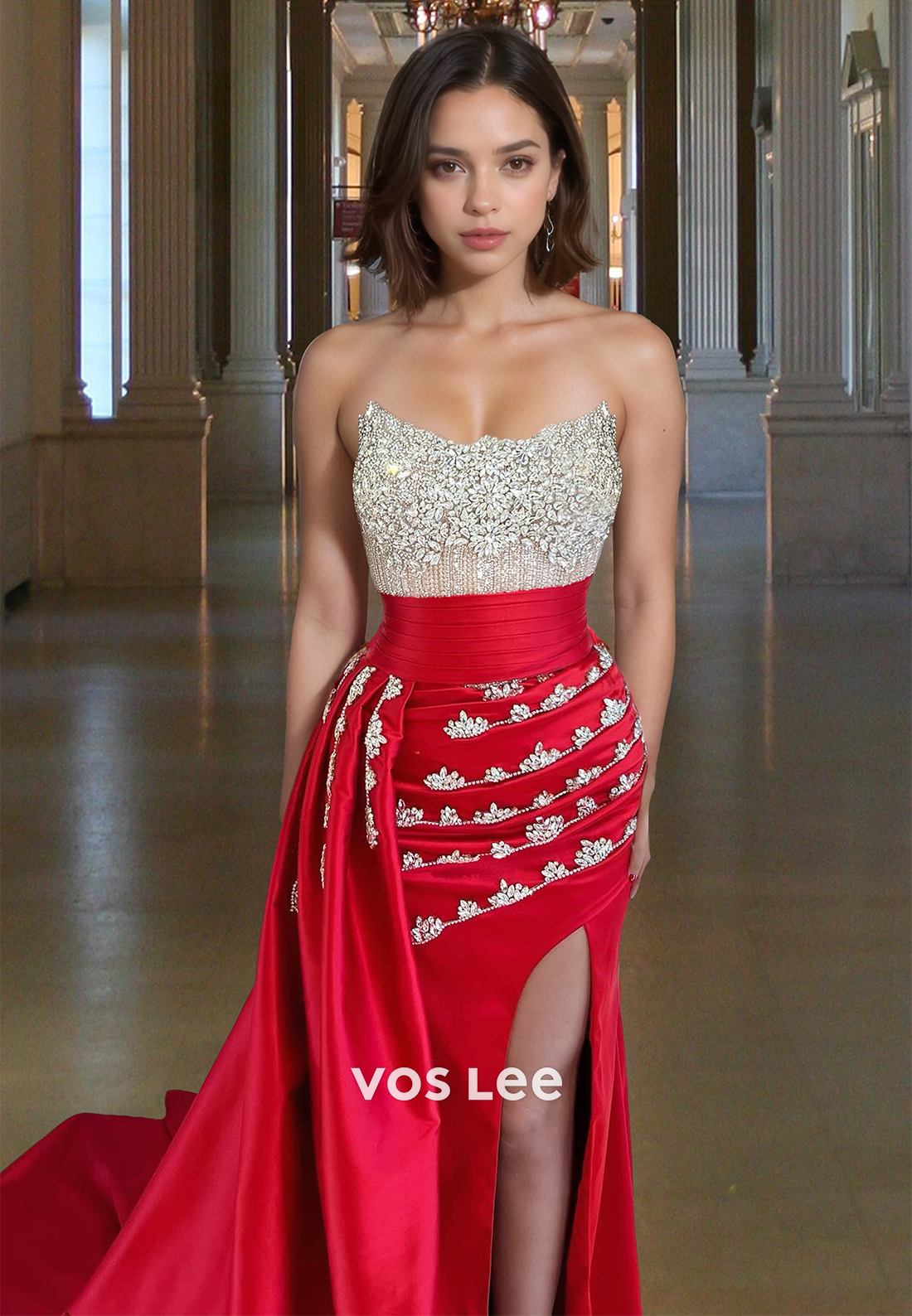 Charming Red Strapless Sheath High Split Beaded Ruched Prom Pageant Dress