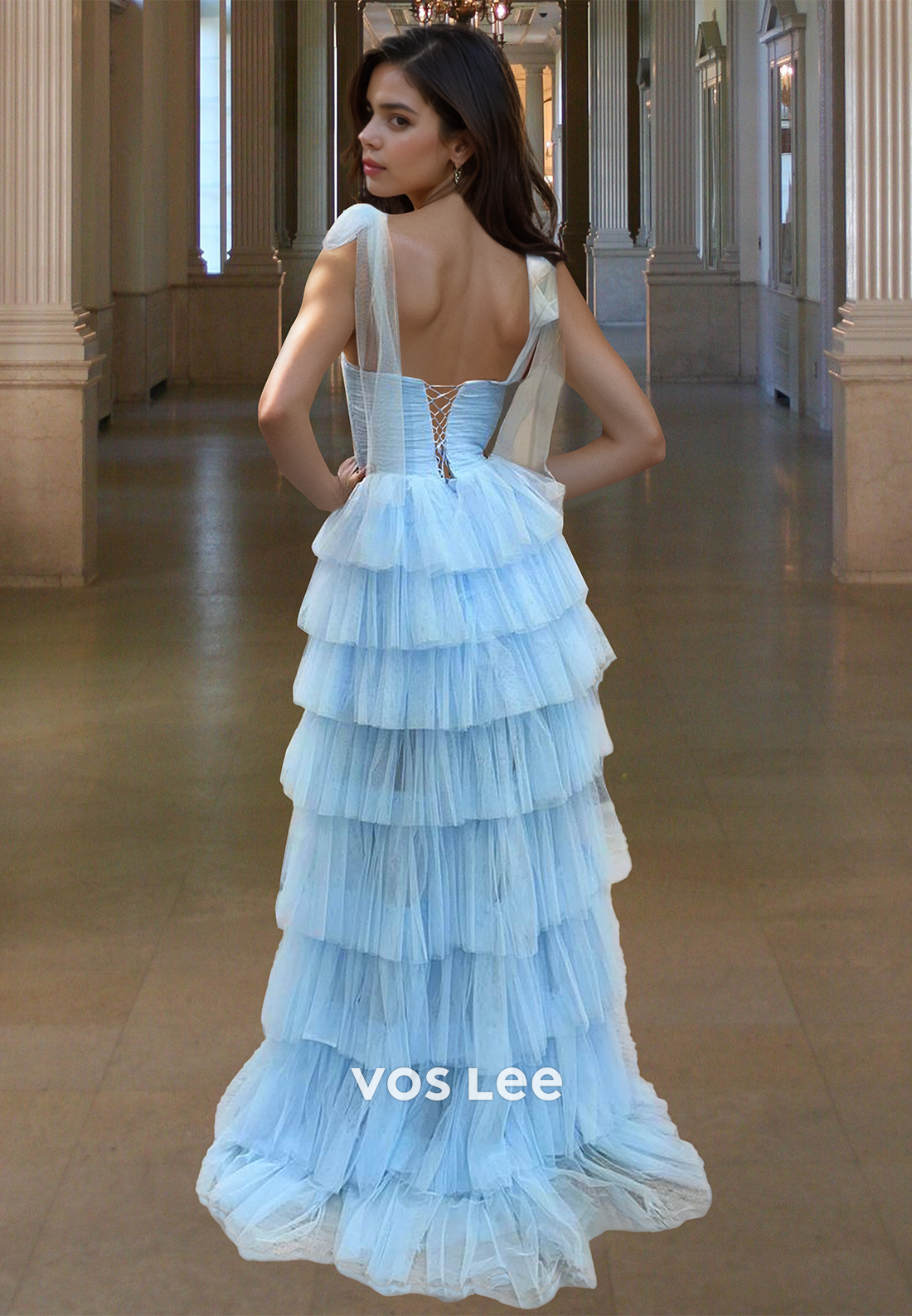 Ornate Square Neck Sky Blue Bow A-Line Tiered Tulle Lace Up Prom Pageant Dress