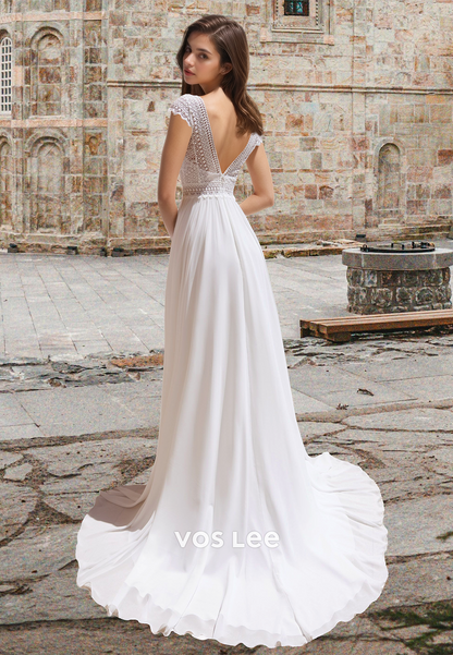 Sexy Lace Applique with Slit A-Line Beach Engagement Wedding Dress