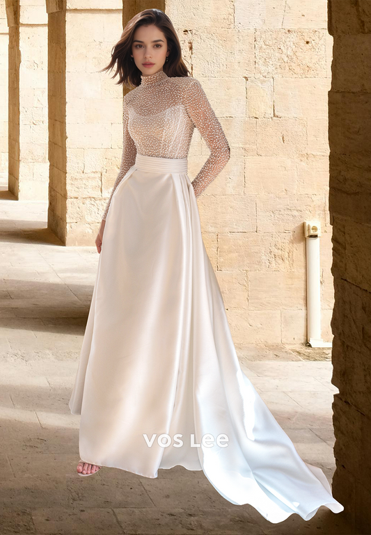 Sexy Beaded High Neck Long Sleeves Satin with Train Wedding Dress