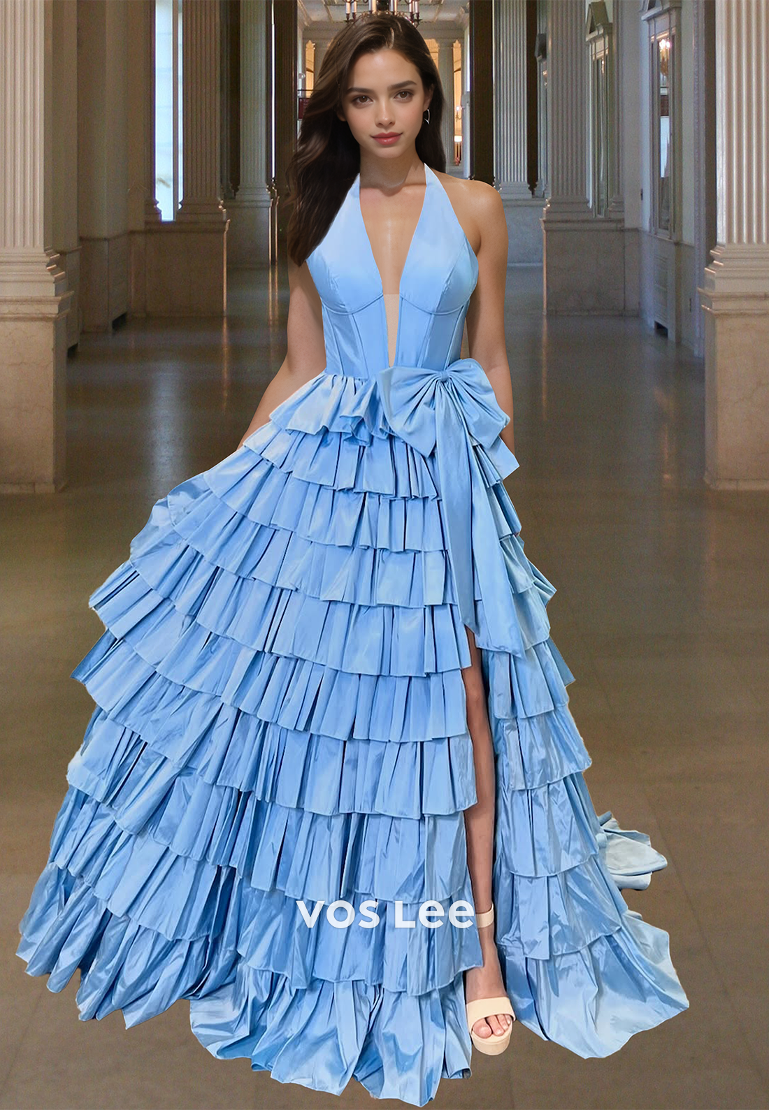 Ornate A-Line Halter Tiered Satin Bow Side Split Sleeveless Prom Forma   VOS LEE