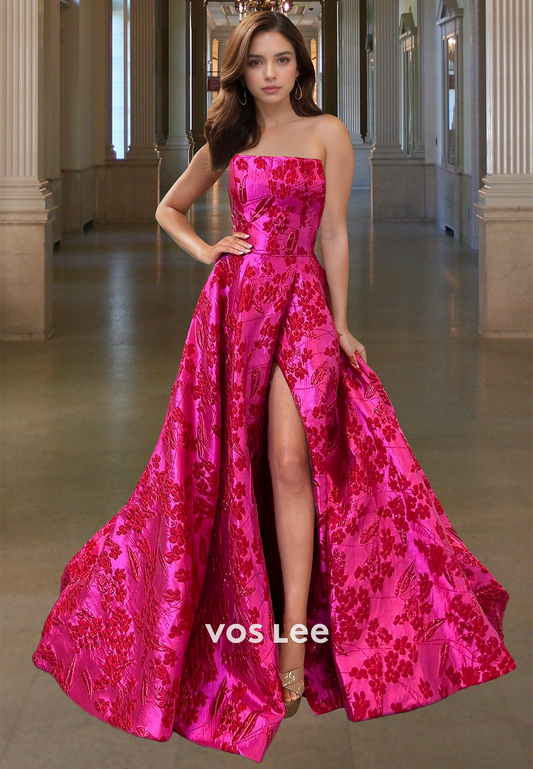 Geaceful A-Line Strapless Illusion Lace Appliques High Split Ruched Prom Evening Dress