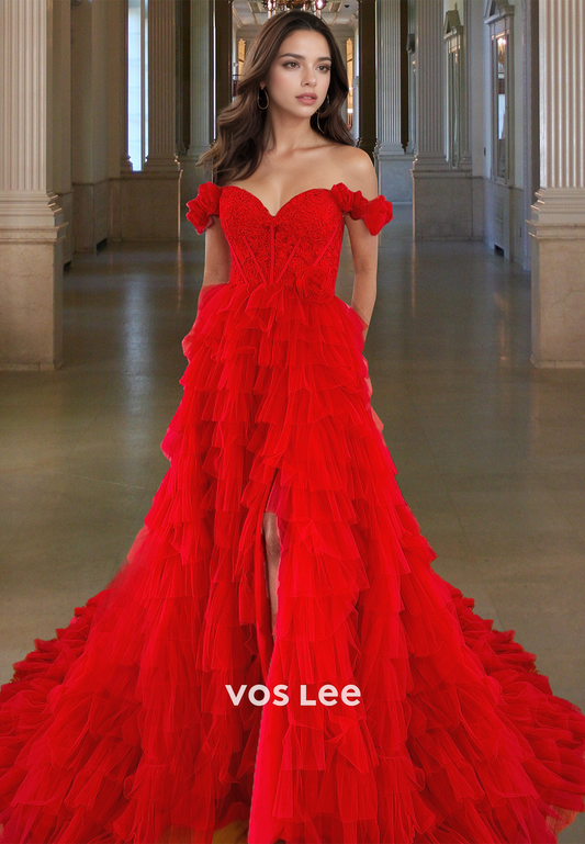 Charming A-Line Off Shoulder Back Zipper Lace Tiered Tulle Prom Evening Dress
