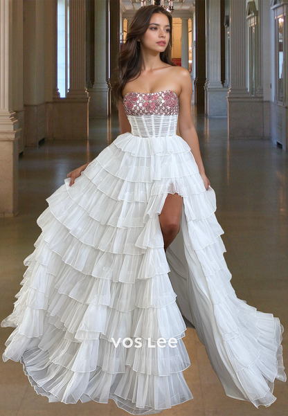 Modest A-Line Strapless Beaded High Split Tiered Tulle Glitter Prom Formal Dress