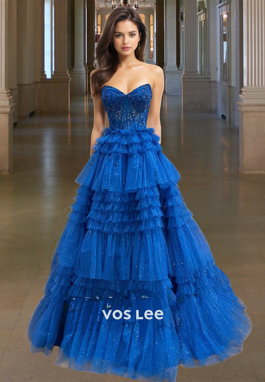 Blue V-Neck Tiered A-Line Tulle Prom Dress Quinceanera Homecoming Ball Gown