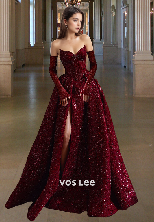 Glitter Sequined Dark Red V-Neck A-Line with Slit Formal Evening Dress Prom Gown