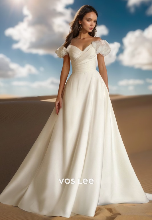 New Short Sleeves V Neck Wedding Dress Stunning Tulle A-Line Bride Gown