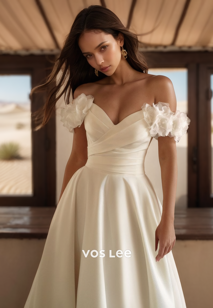 New Short Sleeves V Neck Wedding Dress Stunning Tulle A-Line Bride Gown