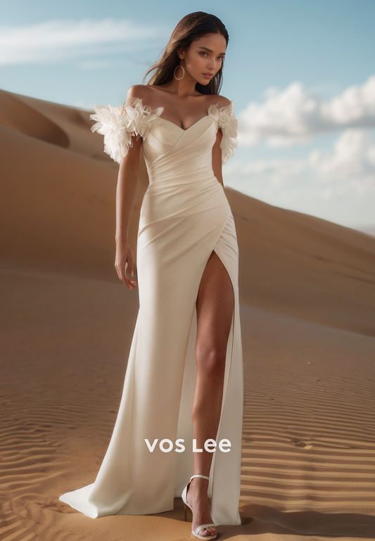 Classy V-Neck Short Sleeves Sheath with Slit Wedding Dress Bride Gown