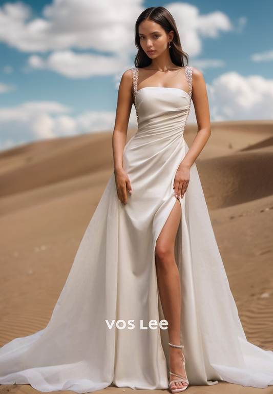 Beaded Spaghetti Straps Square A-Line with Slit Bride Wedding Dress Bridal Gown