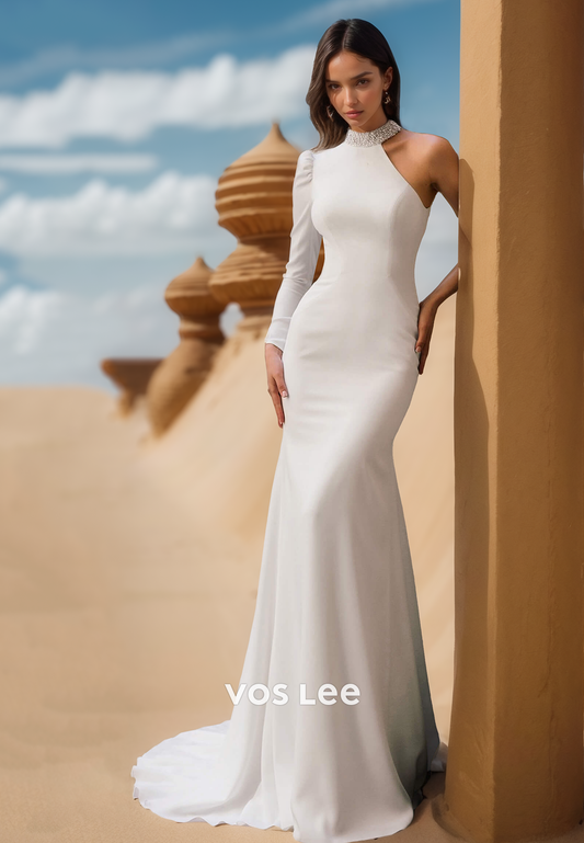 Sexy Mermaid Wedding Dress One Shoulder High Neck Empire with Train Bride Gown