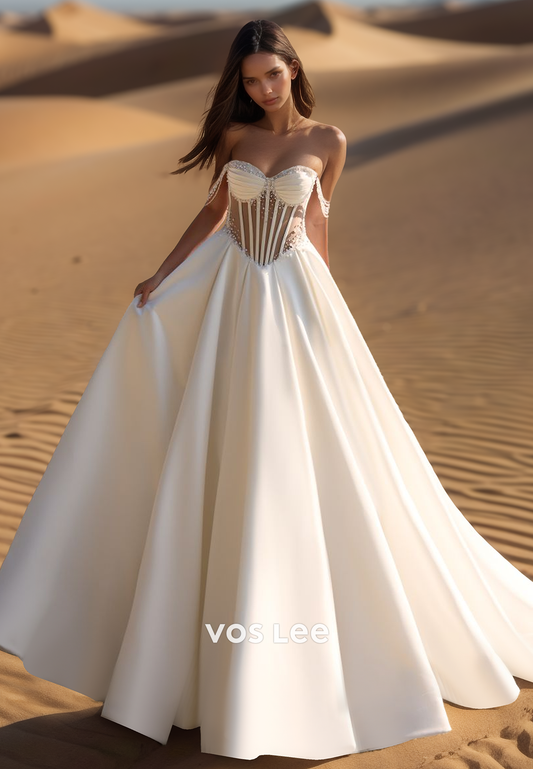 Sexy Corset Pearls Wedding Dress Off-Shoulder A-Line Beaded Bride Gown