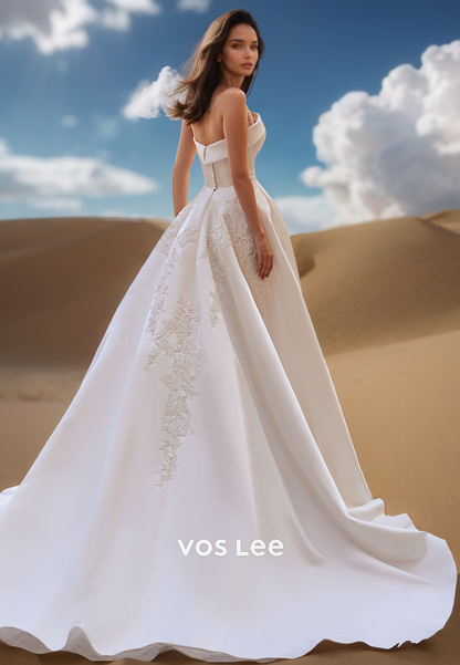 A-Line Tube Top Floral Embroidered Couture Wedding Dresses with Train