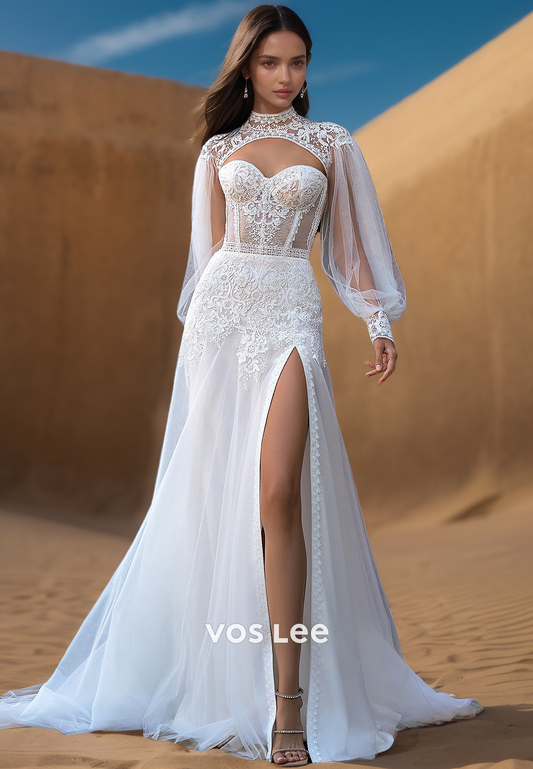 High Neck  Long Sleeves Allover Lace  Wedding Dresses with High Slit