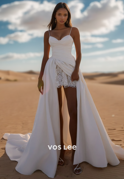 Unique Spaghetti Straps Lace Applique Beach Wedding Dresses with Court Train