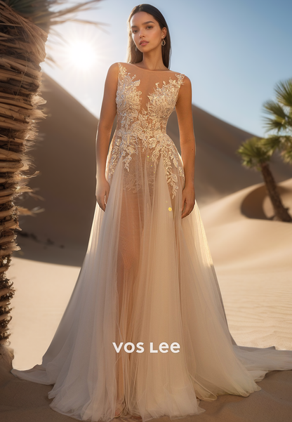 Gorgeous & Charming  V-Neck Lace Appliques Wedding Dresses with Court Train