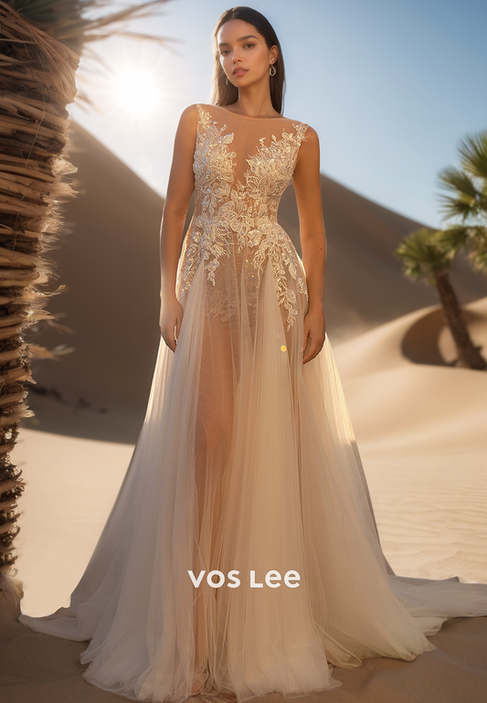 Gorgeous & Charming  V-Neck Lace Appliques Wedding Dresses with Court Train