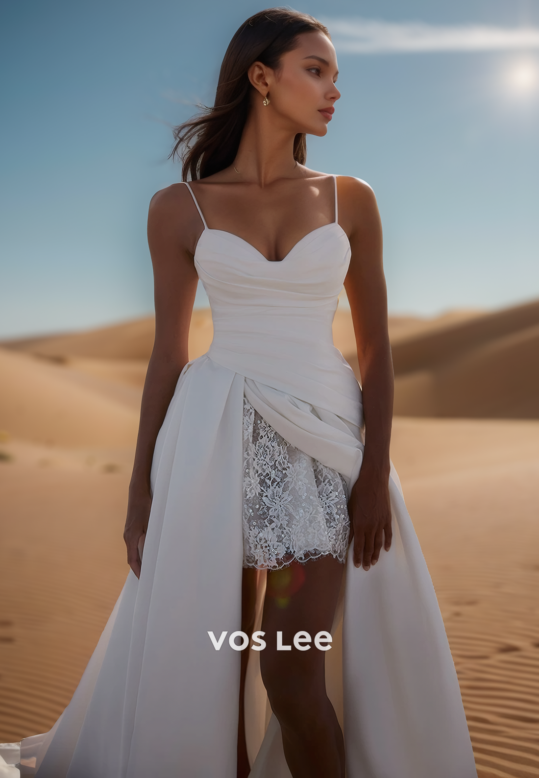 Unique Spaghetti Straps Lace Applique Beach Wedding Dresses with Court Train