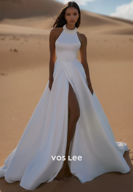 Elegant & Luxurious Halter Pearls Long Wedding Dresses with High Slit
