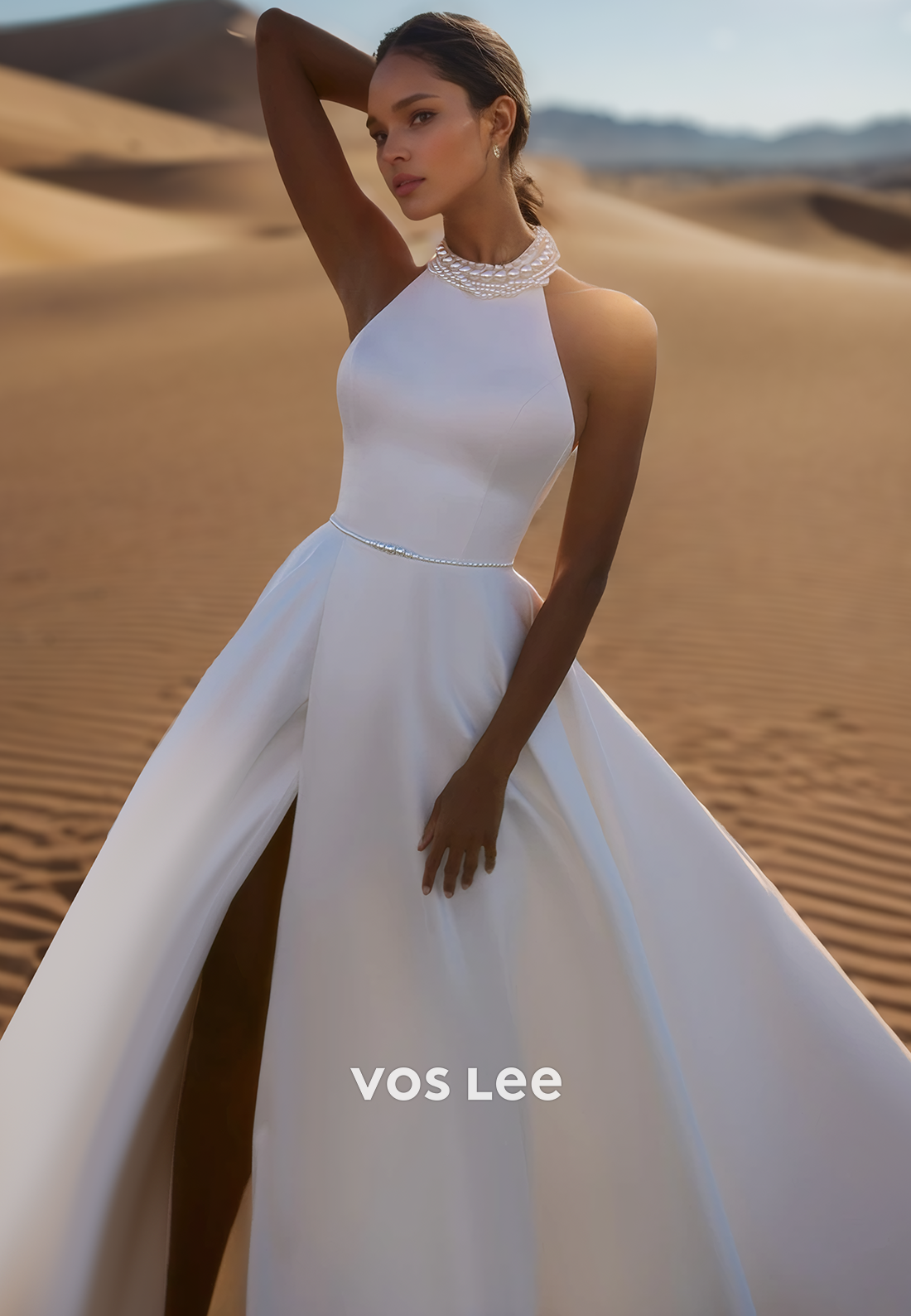 Elegant & Luxurious Halter Pearls Long Wedding Dresses with High Slit