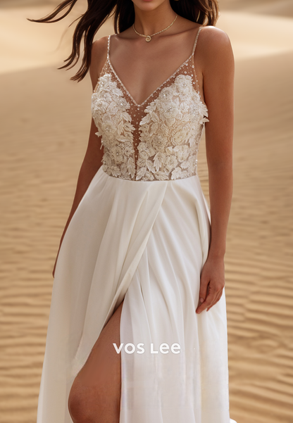 Elegant & Luxurious Illusion V Neck Floral Appliqued Boho Wedding Dresses with High Slit
