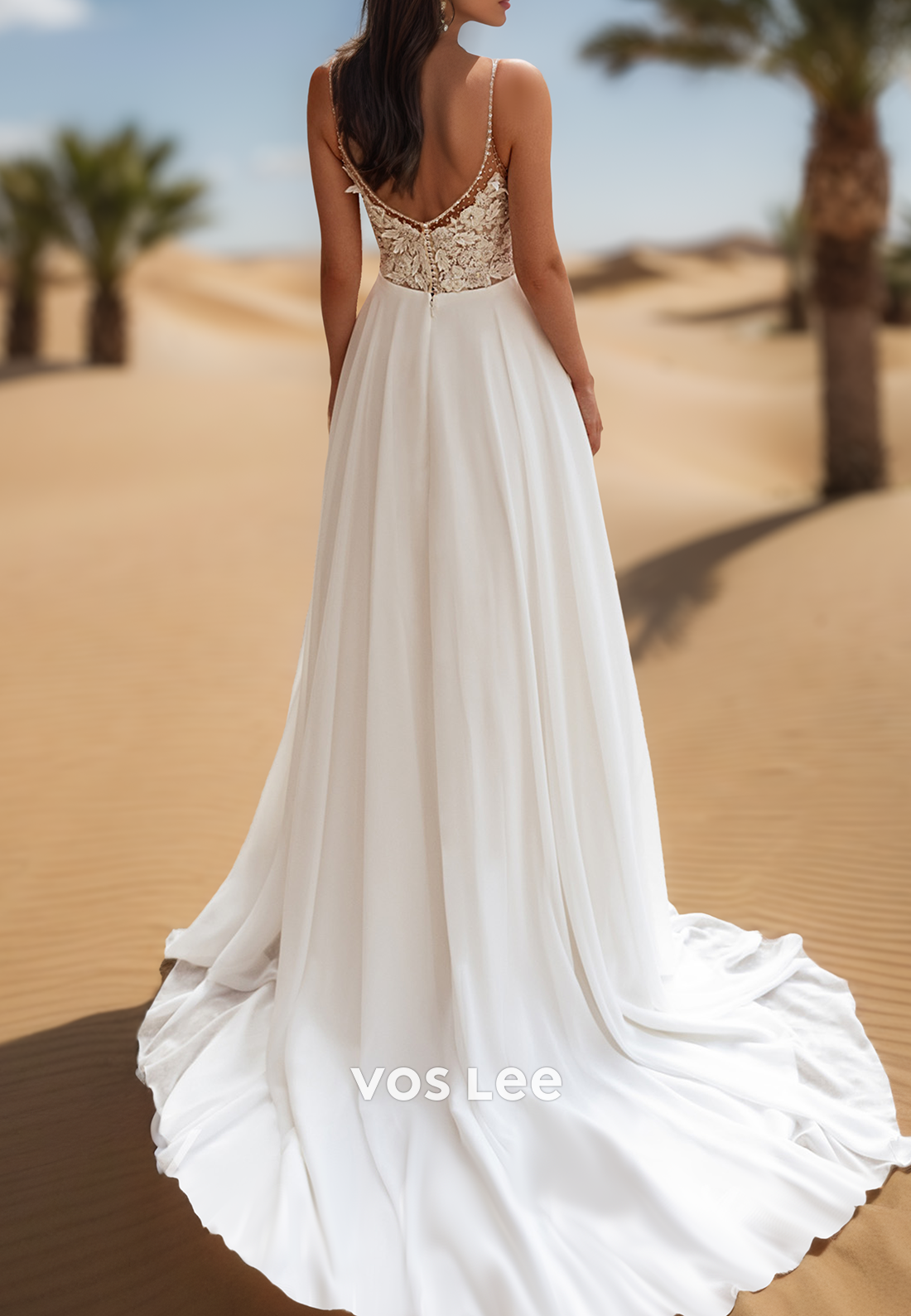 Elegant & Luxurious Illusion V Neck Floral Appliqued Boho Wedding Dresses with High Slit