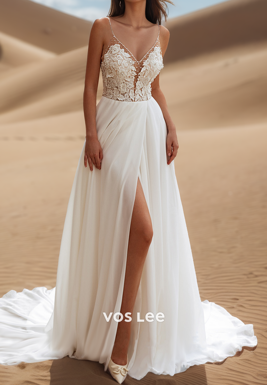 Elegant & Luxurious Illusion V Neck Floral Appliqued Boho Wedding Dresses with High Slit
