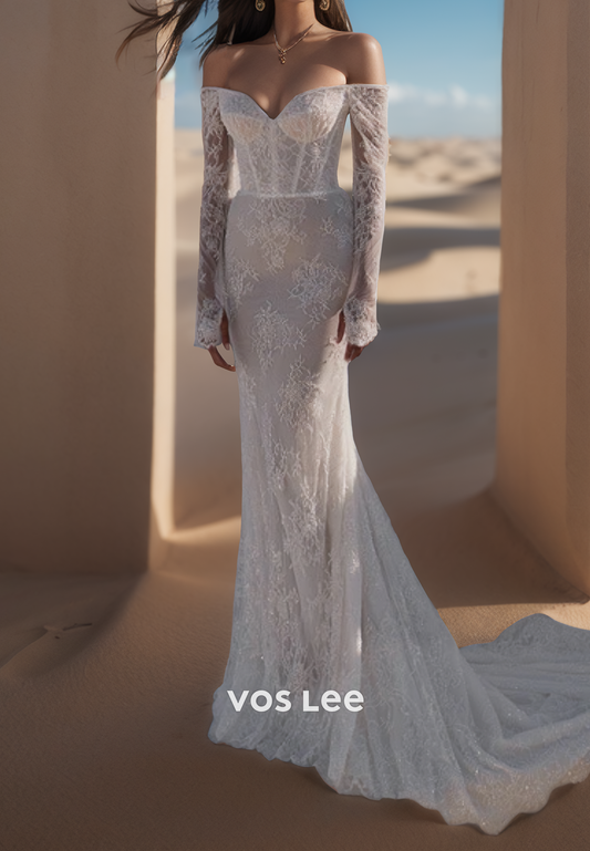 Sexy & Hot Long Sleeves Allover Lace Applique Mermaid Wedding Dresses