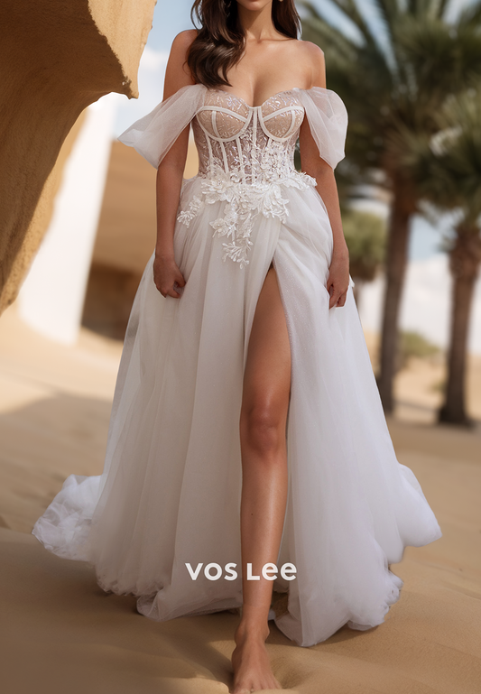 Classic & Timeless Off-Shoulder Sweetheart Sequins Wedding Dresses with Split