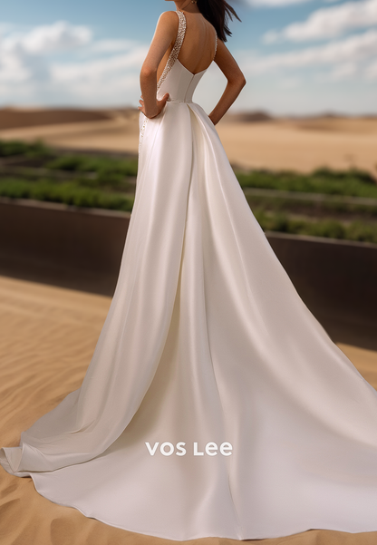 Glamorous & Dramatic Rhinestone Halter Wedding Dresses with Detachable Court Train