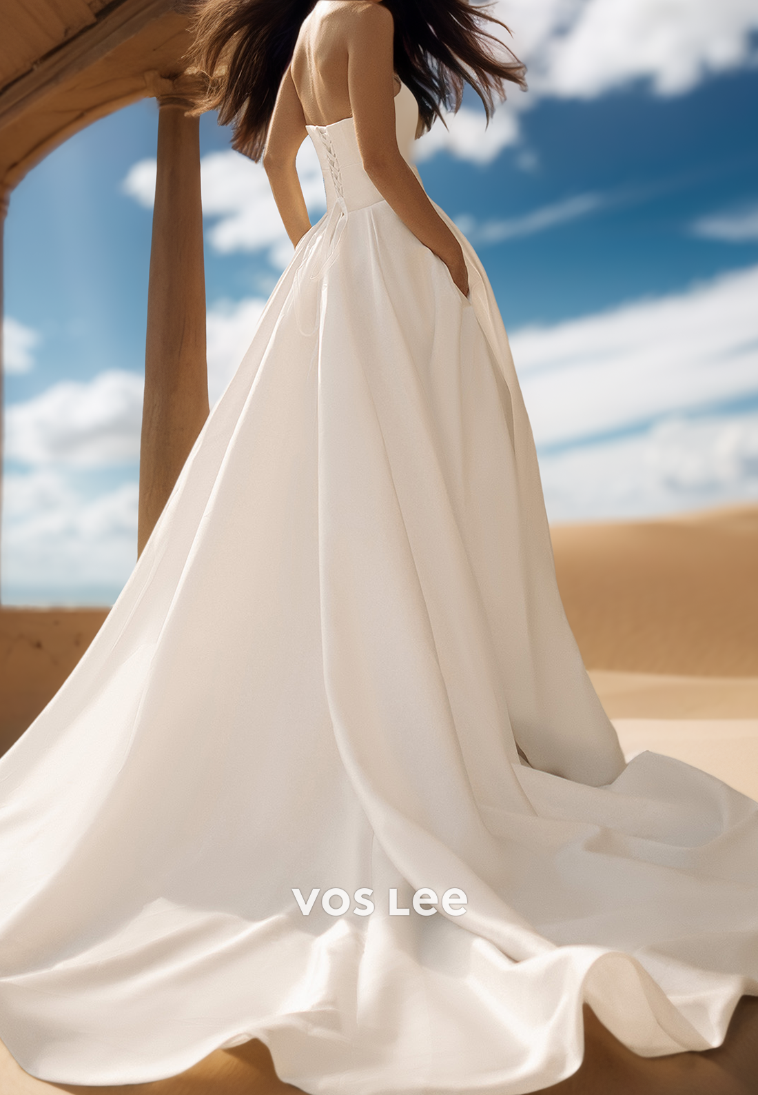 Chic & Modern V-Neck Ruched High Split Beach Wedding Dresses with pocket