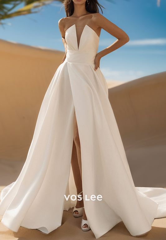 Chic & Modern V-Neck Ruched High Split Beach Wedding Dresses with pocket