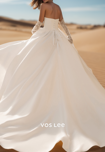Chic & Modern V-Neck Ruched High Split Beach Wedding Dresses with pocket