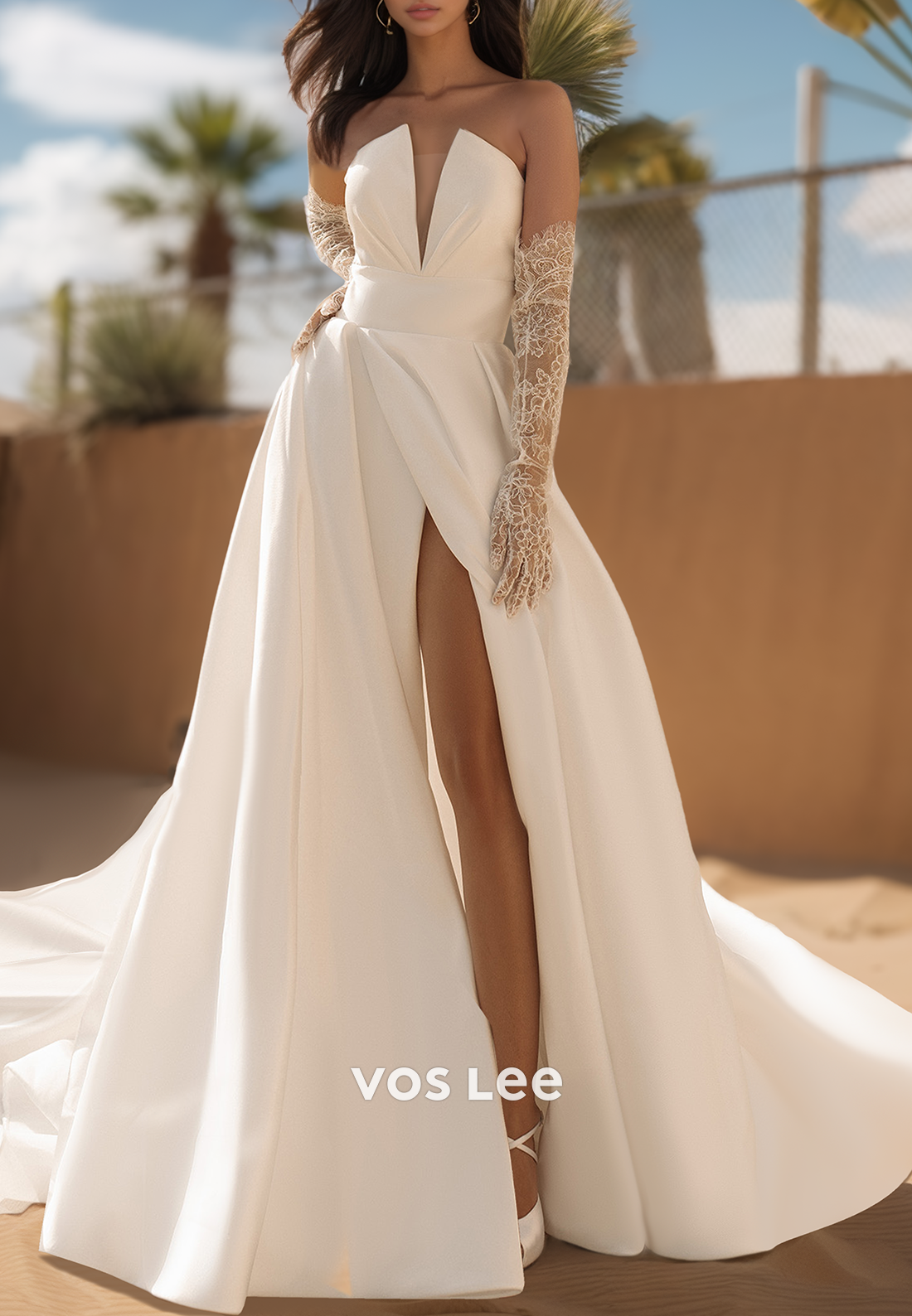 Chic & Modern V-Neck Ruched High Split Beach Wedding Dresses with pocket