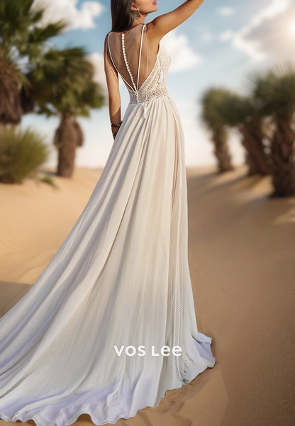Elegant & Luxurious A-Line Halter Ruched Wedding Dresses with Sweep Train