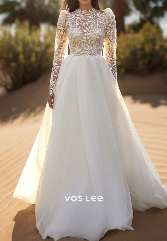 Simple & Casual High Scoop Neck Illusion Cutout Lace Applique  Wedding Dresses