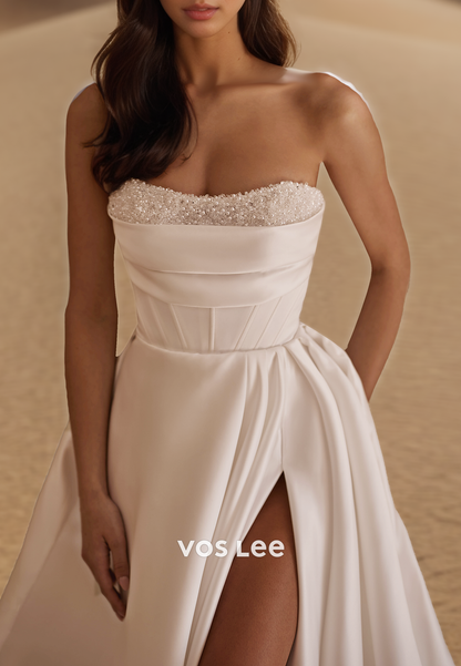 Elegant & Luxurious Strapless  Pearls Wedding Dresses with Detachable Sleeves