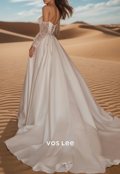 Elegant & Luxurious Strapless  Pearls Wedding Dresses with Detachable Sleeves