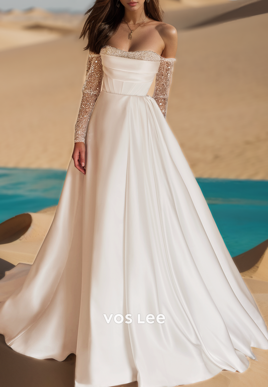 Elegant & Luxurious Strapless  Pearls Wedding Dresses with Detachable Sleeves