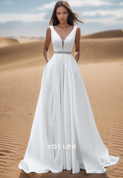 A-Line Straps Pockets Simple Beach Wedding Dresses with Sweep Train VOS LEE A-Line Straps Pockets Simple Beach Wedding Dresses with Sweep Train VOS LEE