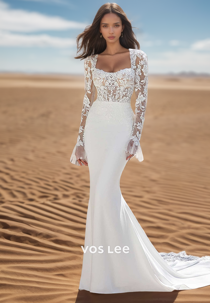 Long Sleeves Lace Floral Applique Mermaid Beach Wedding Dresses with Sweep Train